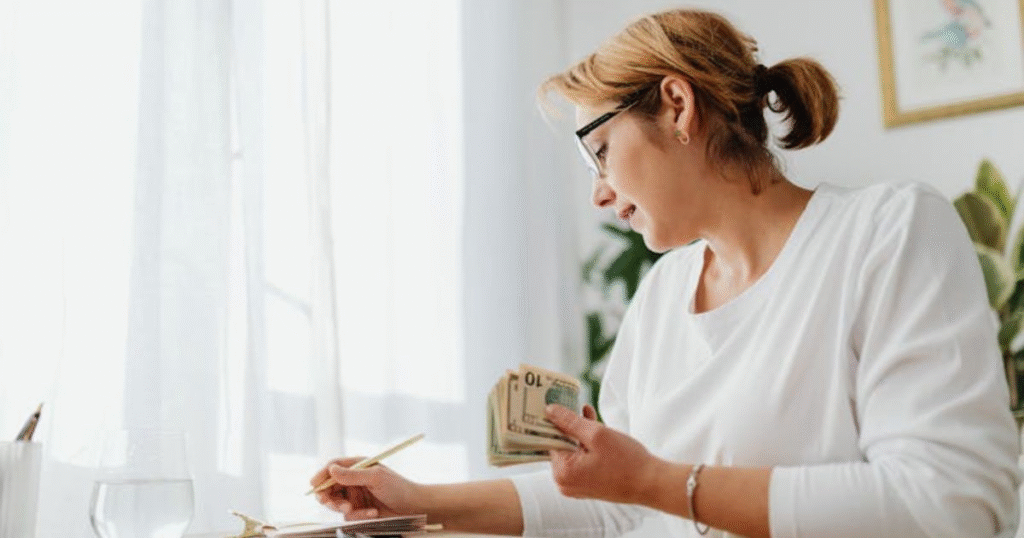 Budgeting tips for beginners; a woman holding money in her hand showing the importance of budgeting.