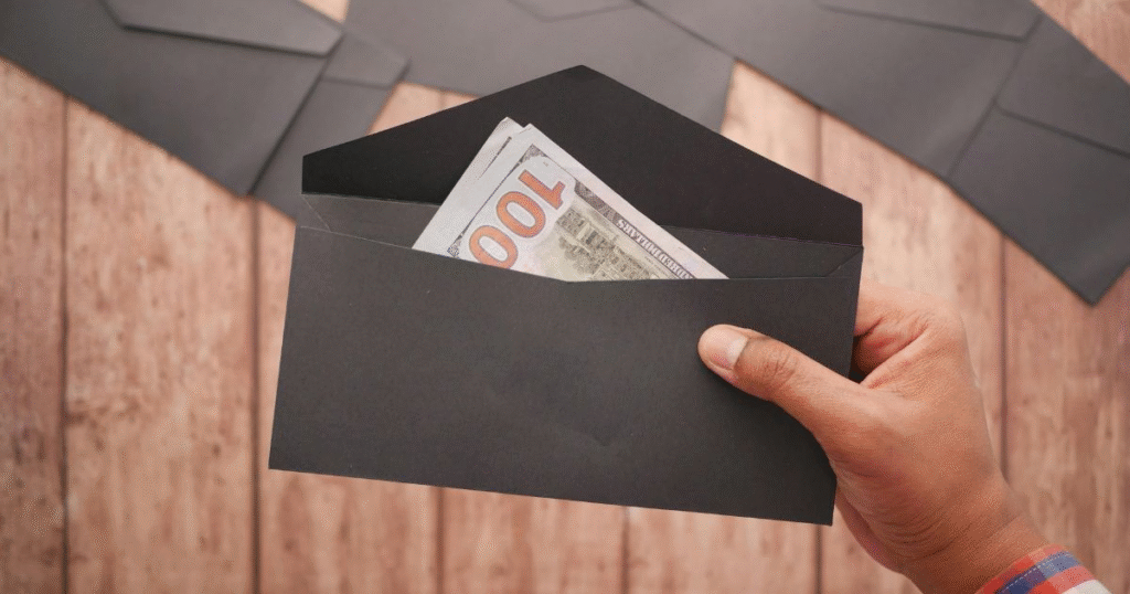 An image showing a person holding an envelope with cash in it, representing budgeting tips for beginners using the envelope system