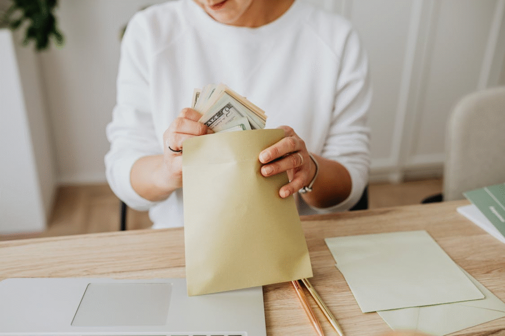 Woman saving cash in an envelope as part of the 50/30/20 rule budgeting method.