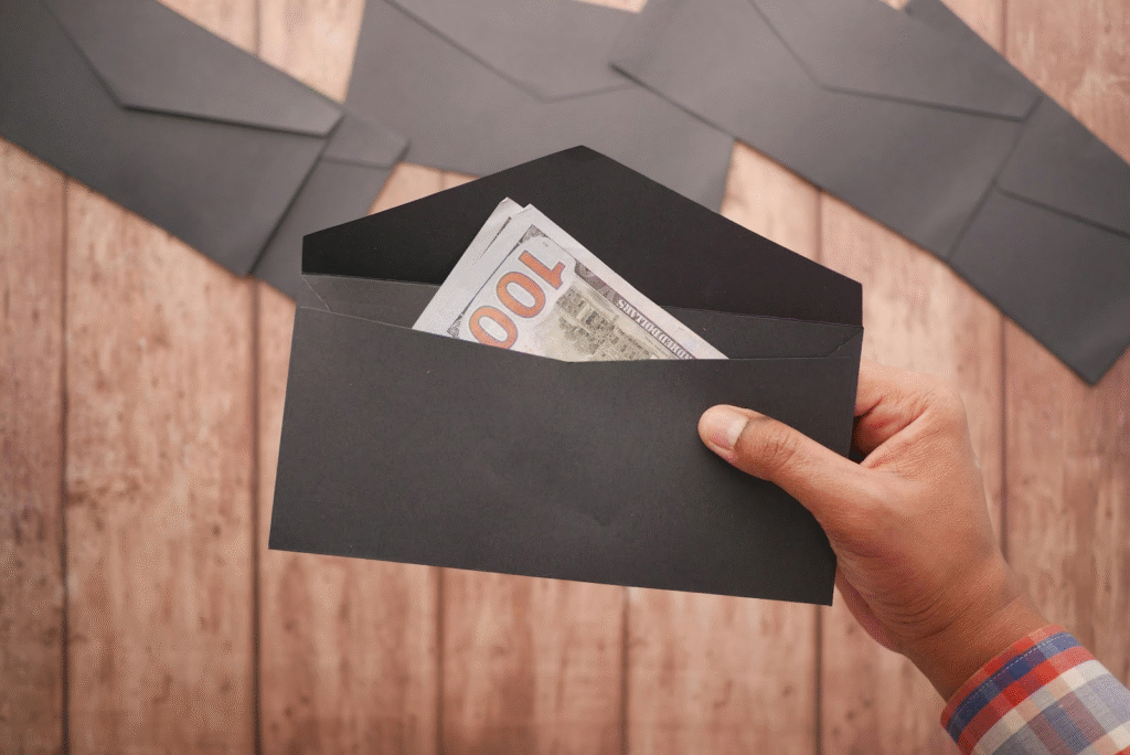 A person holding a black envelope with money, showing budgeting as a couple through the envelope method.