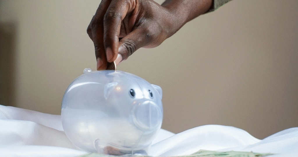 A piggy bank showing a hand putting money inside it.