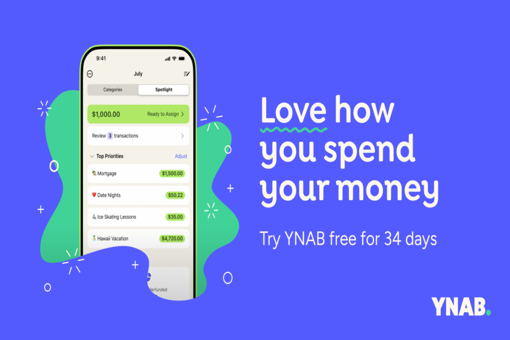 YNAB budgeting app dashboard showing expense tracking for couples.