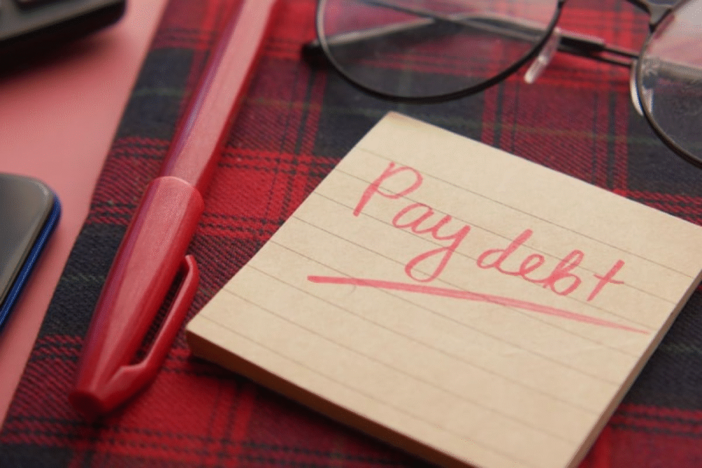  A “pay debt” note with a pen and glass, showing the need prioritize debt repayment.