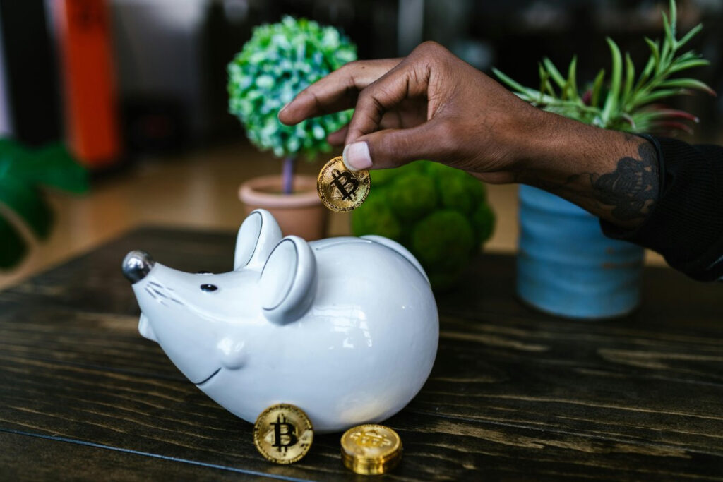 A picture showing a Bitcoin being saved in a piggy bank to help save or pay off debt.