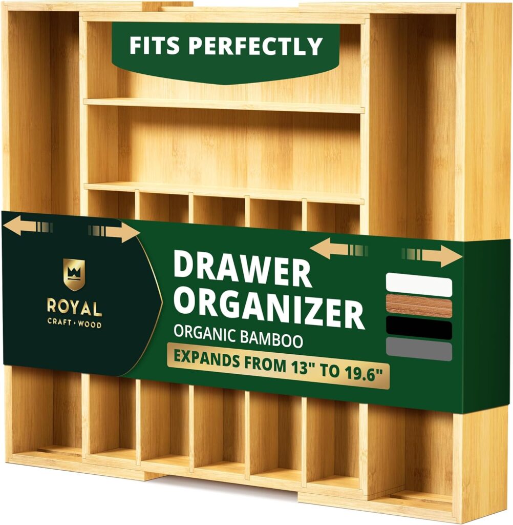 A picture showing a ROYAL CRAFT WOOD Luxury Bamboo Kitchen Drawer Organizer