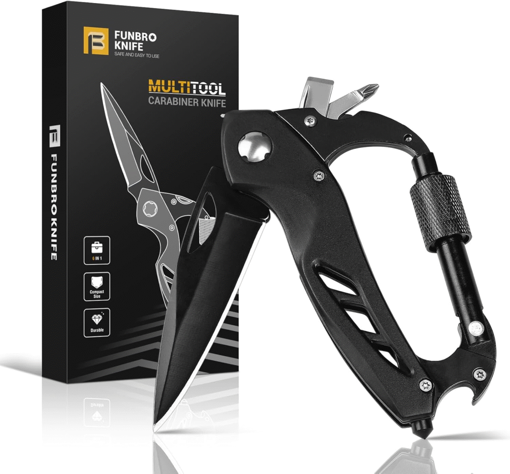 A picture showing a FUNBRO Multitool Carabiner with Pocket Knife