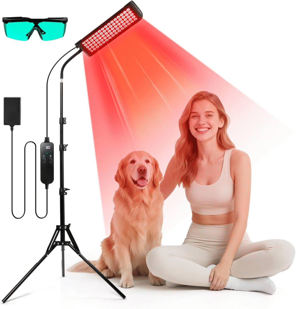 A picture showing a 8. GMOWNW Infrared Light Therapy Lamp with Stand