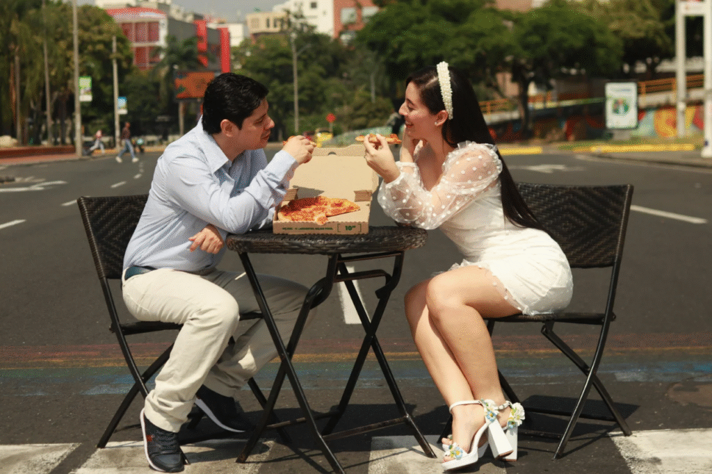 A picture showing two couples talking while they're out on a date 