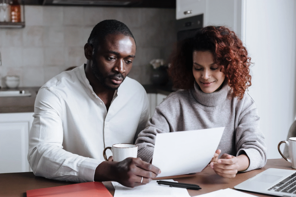 An image showing two partners sitting with a paper in their hands to set financial goals to avoid common money mistakes that strain marriages