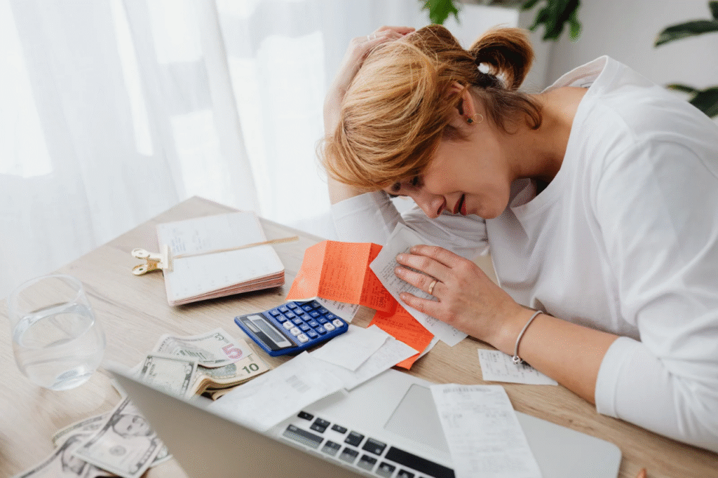 An image showing a woman with paper, money, and a calculator on the table, and crying due to financial imbalance