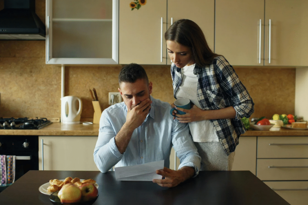 A picture showing A couple sitting at a kitchen table, talking calmly and openly about finances, with notebooks and coffee in front of them.