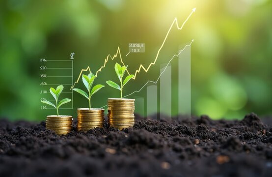 A graphic showing three small green plants growing out of stacks of gold coins of increasing height, set against dark soil with rising financial charts denoting financial growth.